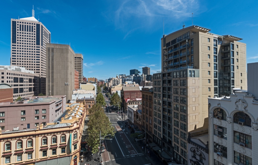 Sydney George Street city view from height.
