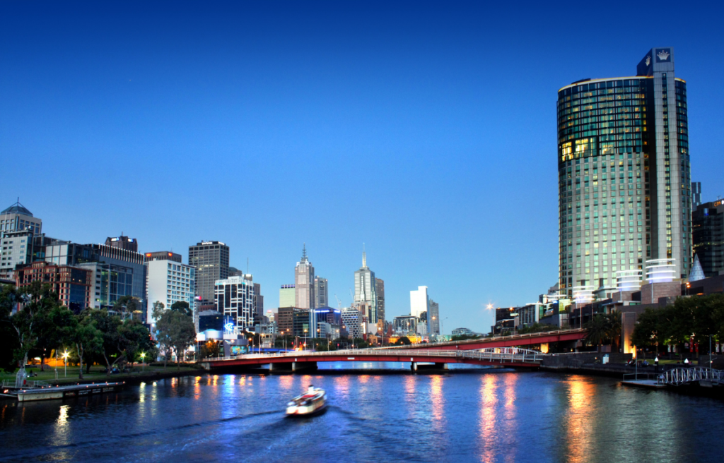 Travel Guide to Melbourne. Melbourne city skyline at night, with a ship in Yarra River