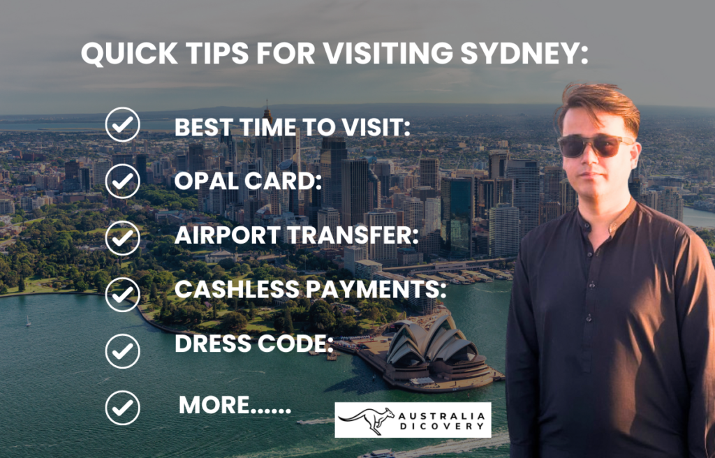 Ali Reza stands in front of the Sydney skyline, including the Opera House. The text reads "Quick Tips for Visiting Sydney:" followed by a checklist: "Best Time to Visit," "Opal Card," "Airport Transfer," "Cashless Payments," "Dress Code," and "More......" The image includes the logo of Australia Discovery.