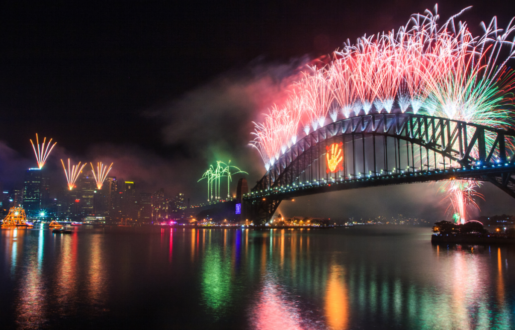 Fireworks light up the Sydney Harbour Bridge and skyline during the New Year’s Eve celebration on 31st December. 