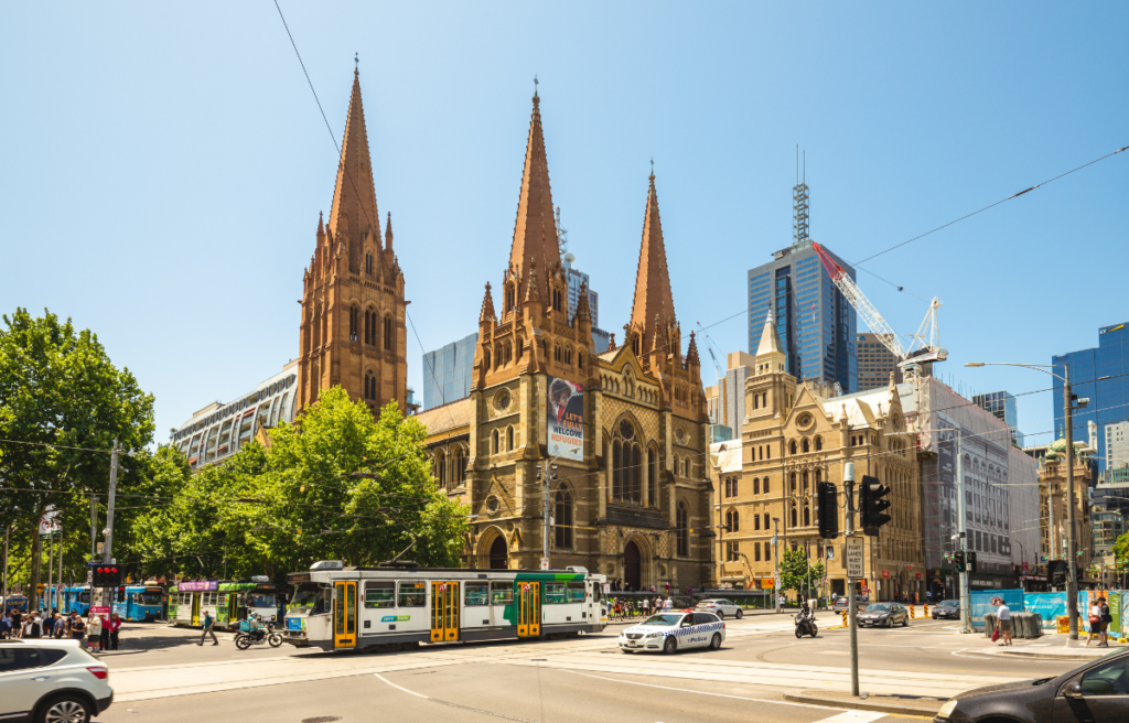 St Paul`s Cathedral , an Anglican cathedral at center of melbourne, Australia, was designed by English Gothic Revival architect William Butterfield and built from 1880 to 1891